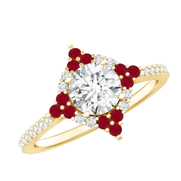 Certified lab-grown diamond halo engagement ring with ruby and rose gold setting, showcasing intricate design and sparkling gemstones.