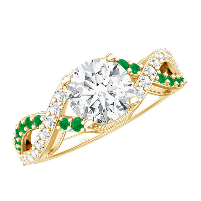 Lab grown diamond crossover engagement ring with emerald accents from Rosec Jewels, showcasing intricate design and sparkling stones.