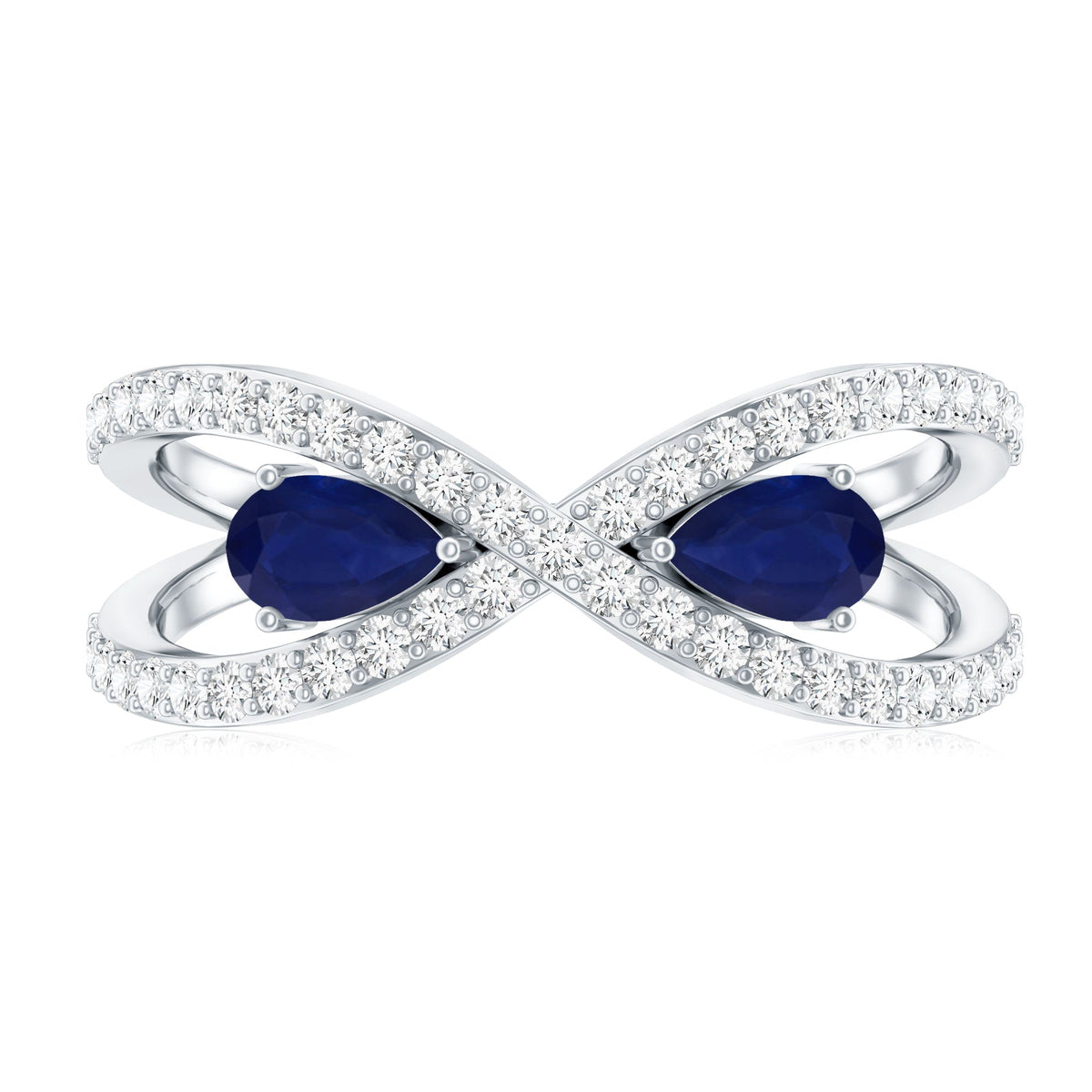 Real Pear Shape Blue Sapphire 2 Stone Engagement Ring with Diamond