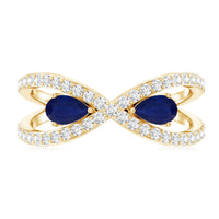 Real Pear Shape Blue Sapphire 2 Stone Engagement Ring with Diamond