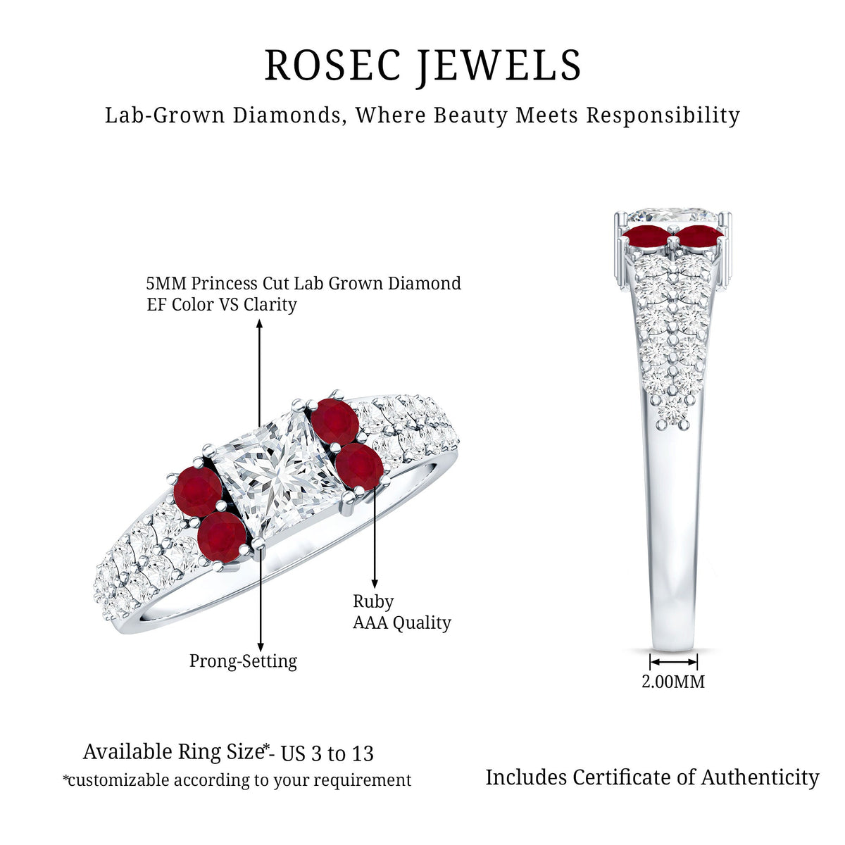Lab Grown Diamond 5 MM Princess Cut Engagement Ring With Ruby