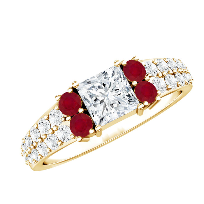 Rosec Jewels lab-grown diamond princess cut engagement ring with a 5mm ruby centerpiece and intricate band design.