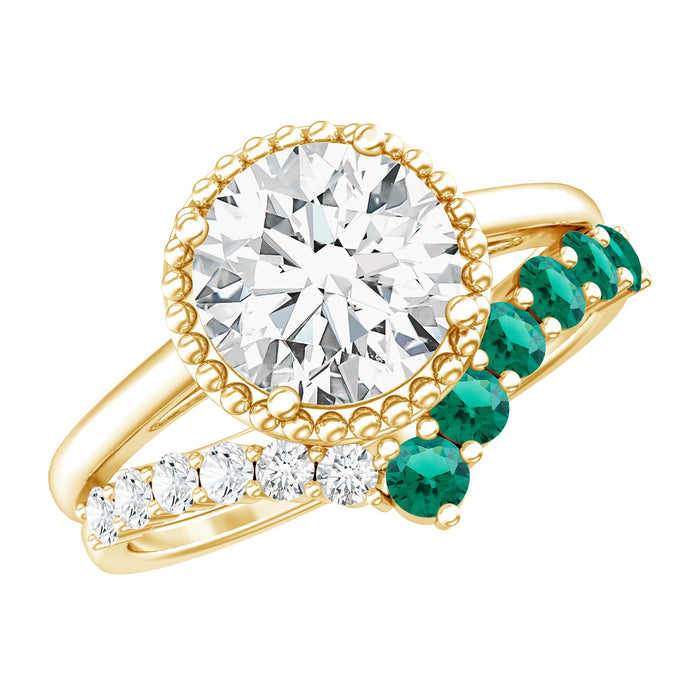 Rosec Jewels certified lab-grown diamond 8mm engagement ring with emerald enhancer, detailed close-up of the elegant ring design.