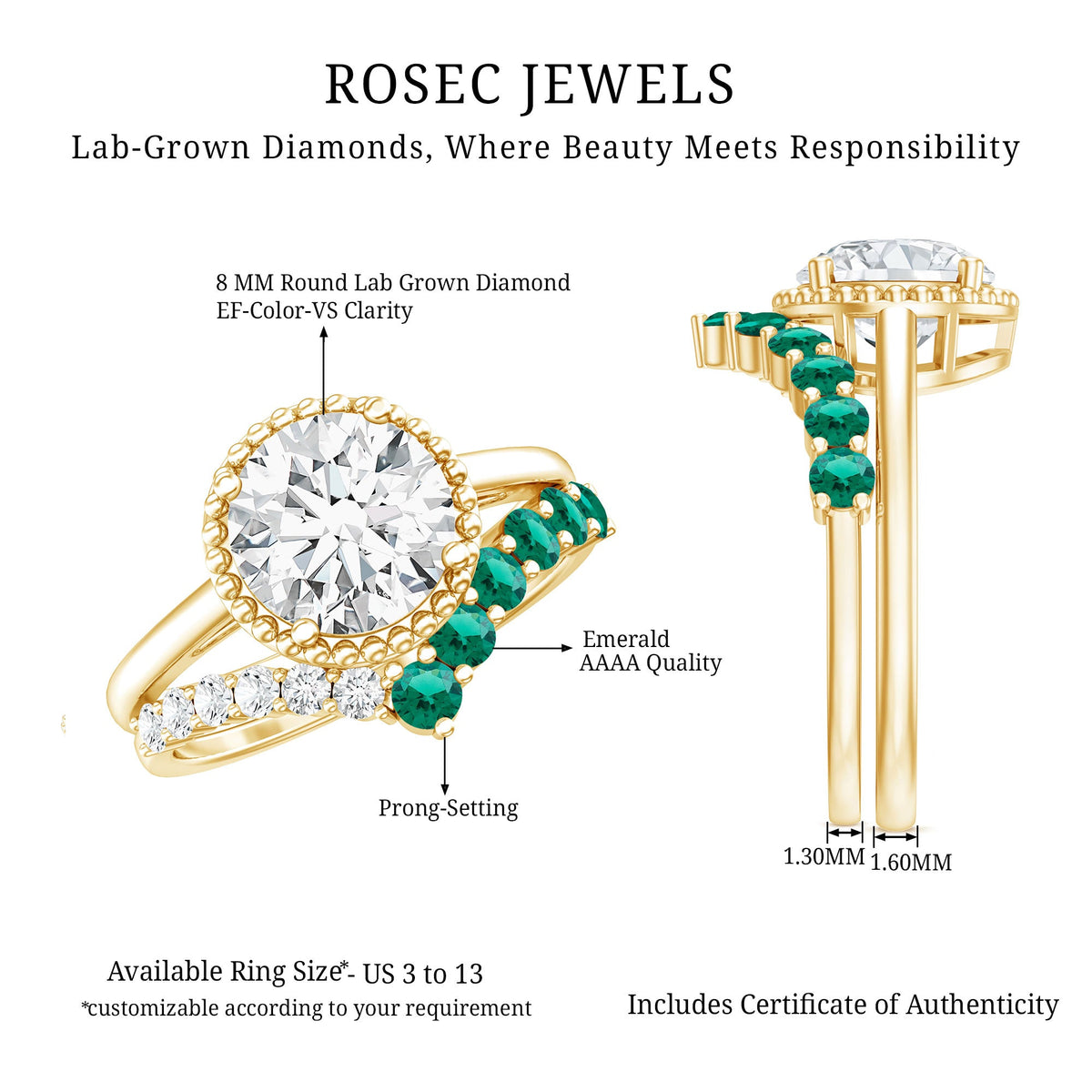 Certified Lab Grown Diamond 8 MM Engagement Ring With Emerald Enhancer