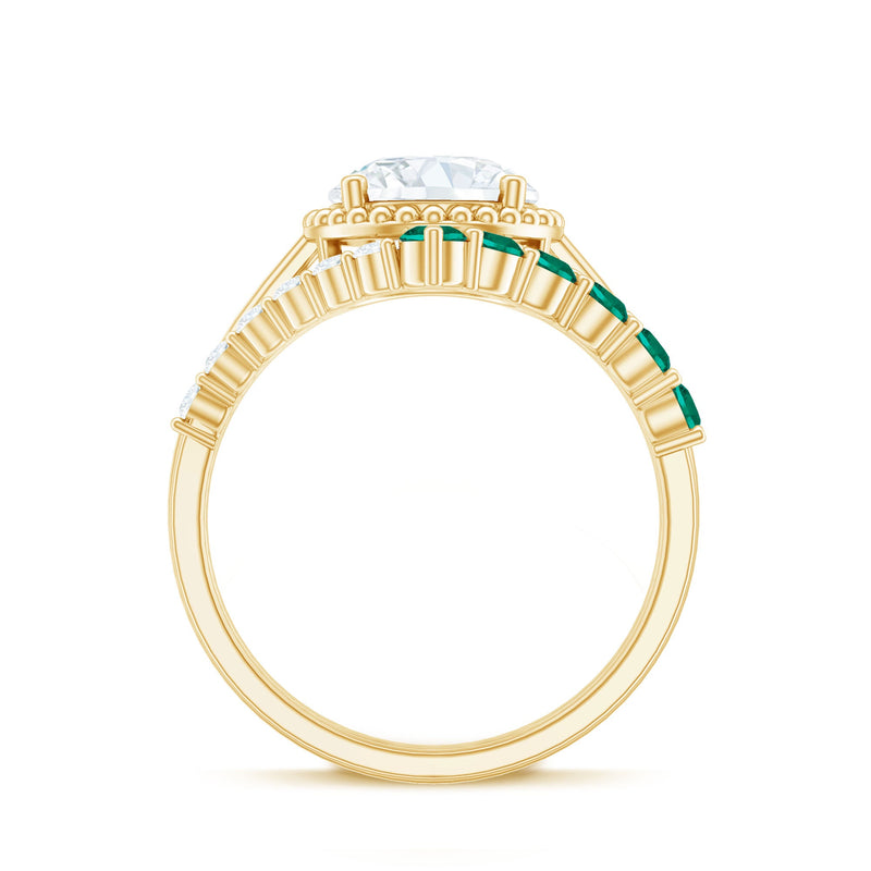 Rosec Jewels lab-grown diamond engagement ring with 8mm emerald enhancer and elegant band, showcasing sparkling gemstone details.