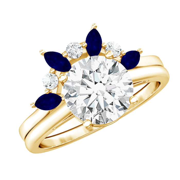 Rosec Jewels lab-grown diamond and sapphire engagement ring set featuring a sleek gold designer rings with intricate detailing.