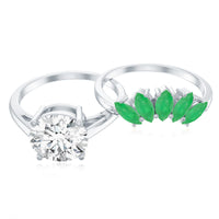 Certified 8 MM Lab Grown Diamond Engagement Ring With Emerald Wedding Band