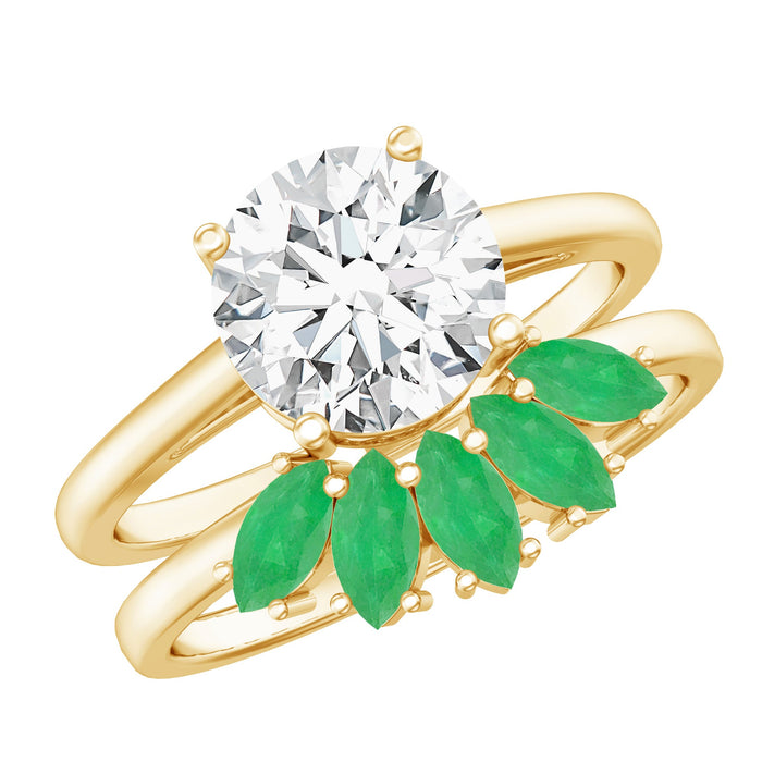 Rosec Jewels lab-grown 8mm diamond engagement ring with emerald wedding band, showcasing sparkling diamonds and intricate band design.