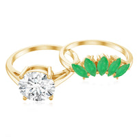 Certified 8 MM Lab Grown Diamond Engagement Ring With Emerald Wedding Band