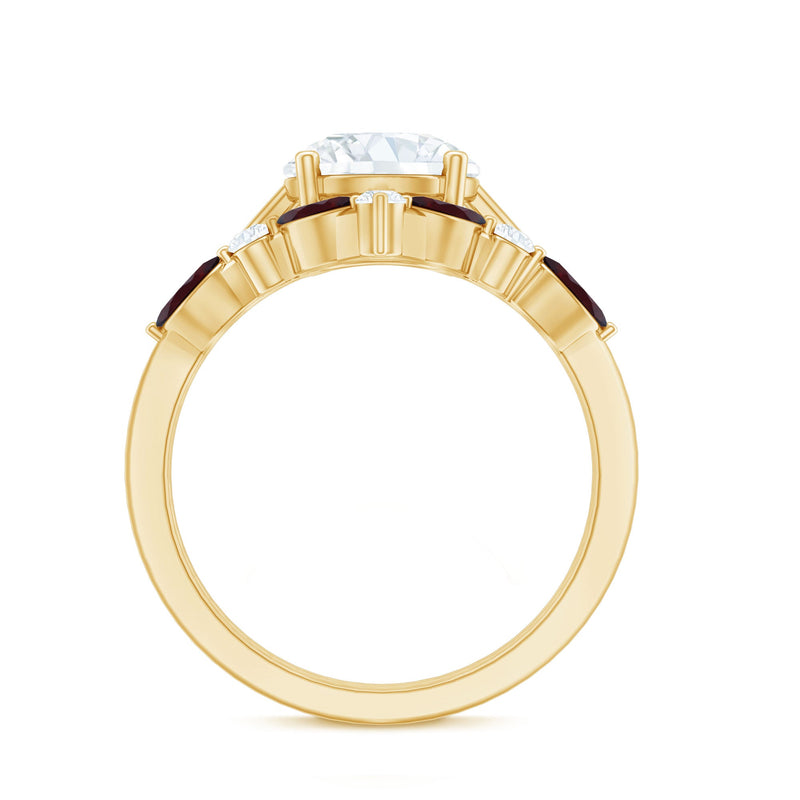 Lab grown diamond bridal ring set with garnet enhancer, featuring two elegant rings with sparkling diamonds and a deep red garnet accent.