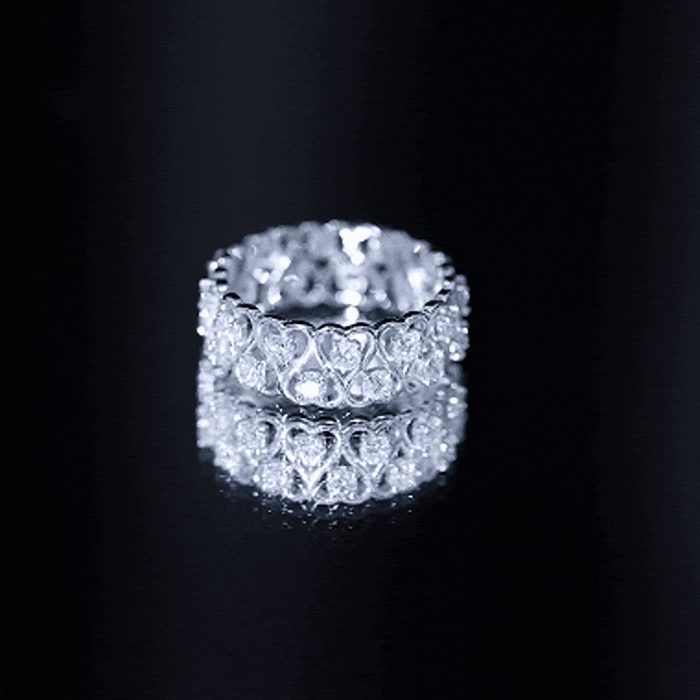 Yellow gold lab-grown diamond heart eternity band ring by Rosec Jewels, featuring sparkling diamonds in a continuous heart design.