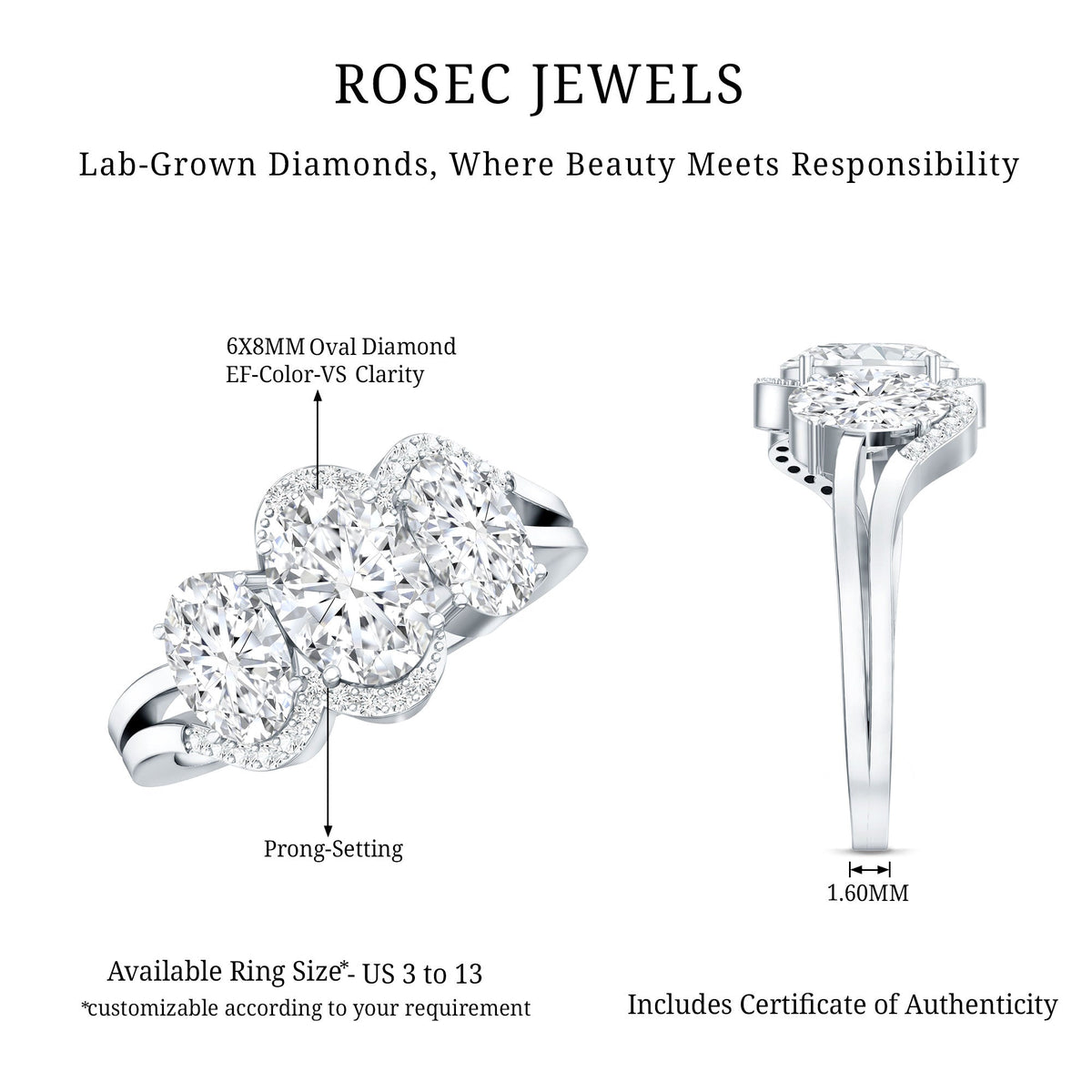 Certified Oval Lab Grown Diamond Three Stone Engagement Ring