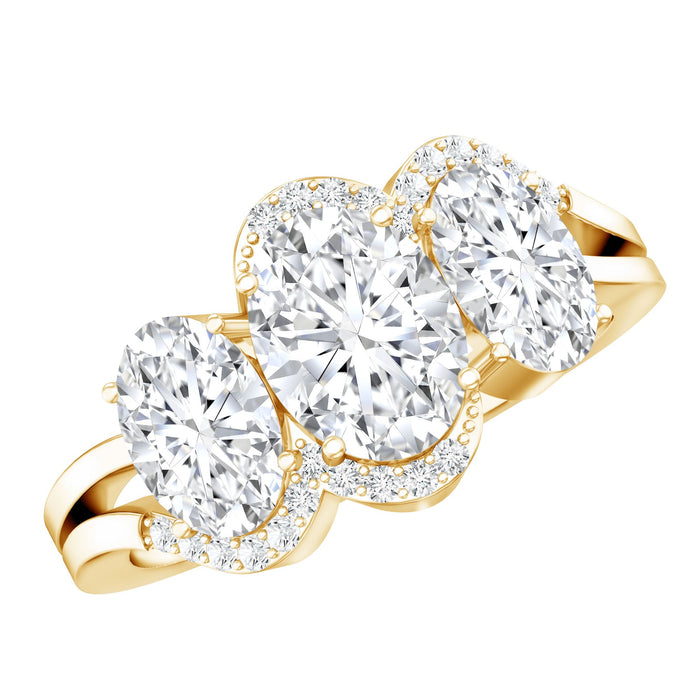 Certified oval lab-grown diamond three-stone engagement ring from Rosec Jewels featuring three sparkling diamonds set in a elegant band