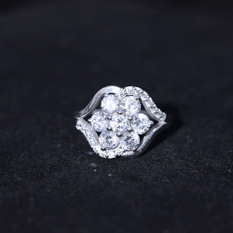 Yellow lab-grown diamond flower statement ring by Rosec Jewels featuring intricate floral design and sparkling gemstones.