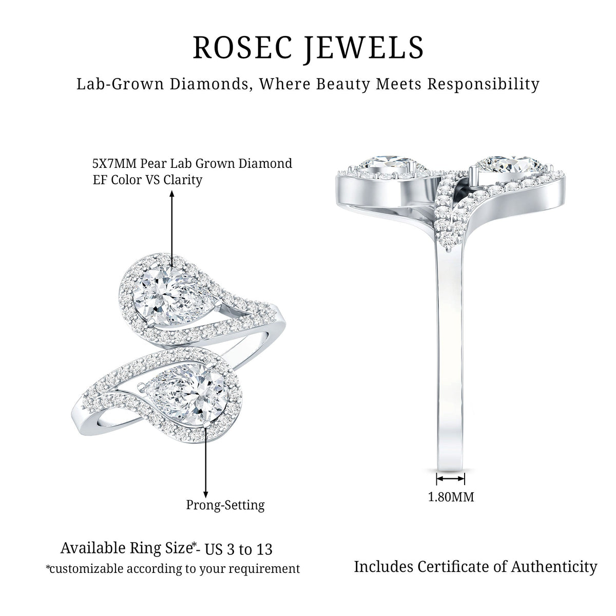 Certified Lab Diamond Toi Et Moi Designer Engagement Ring
