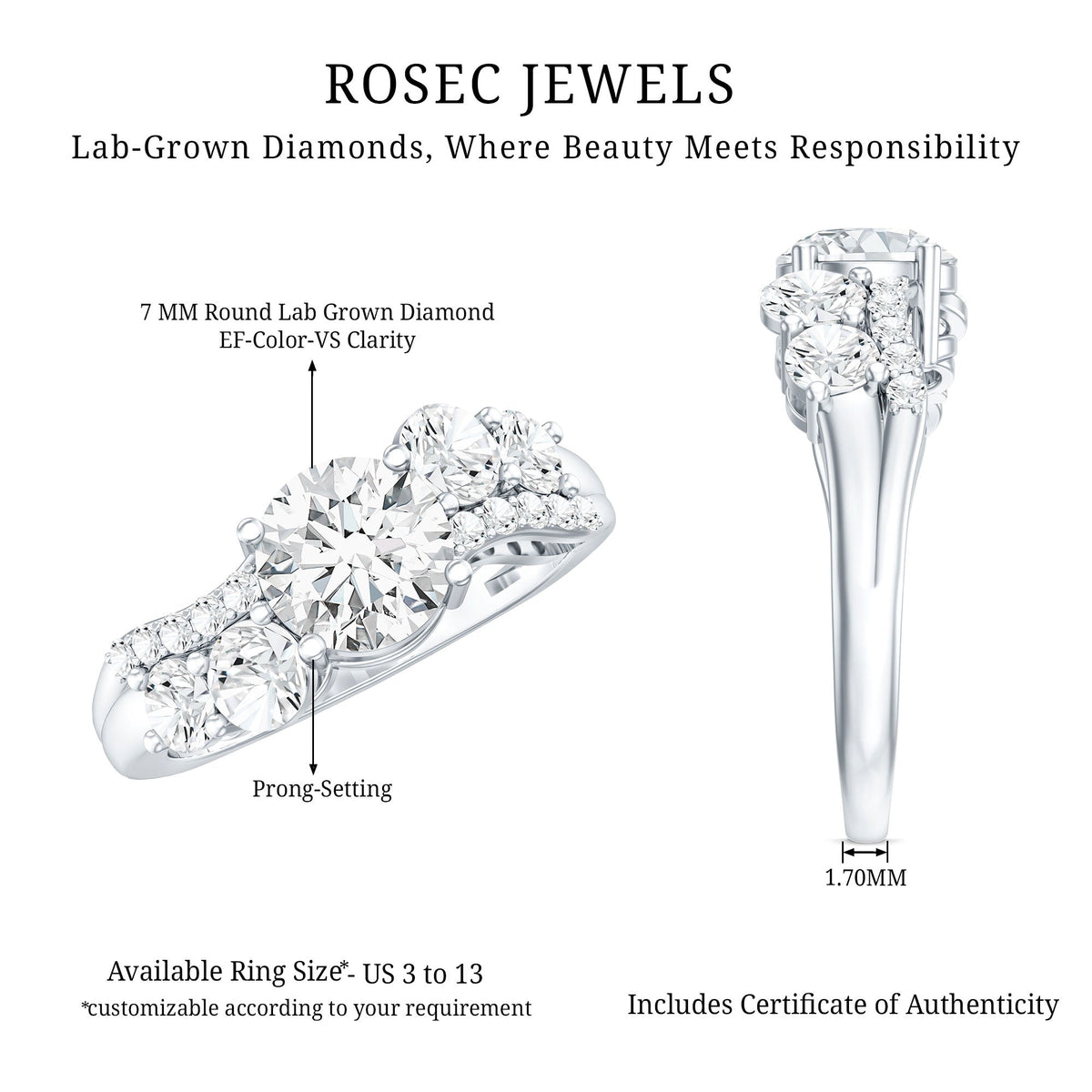 Certified Lab 7 MM Round Diamond Designer Engagement Ring