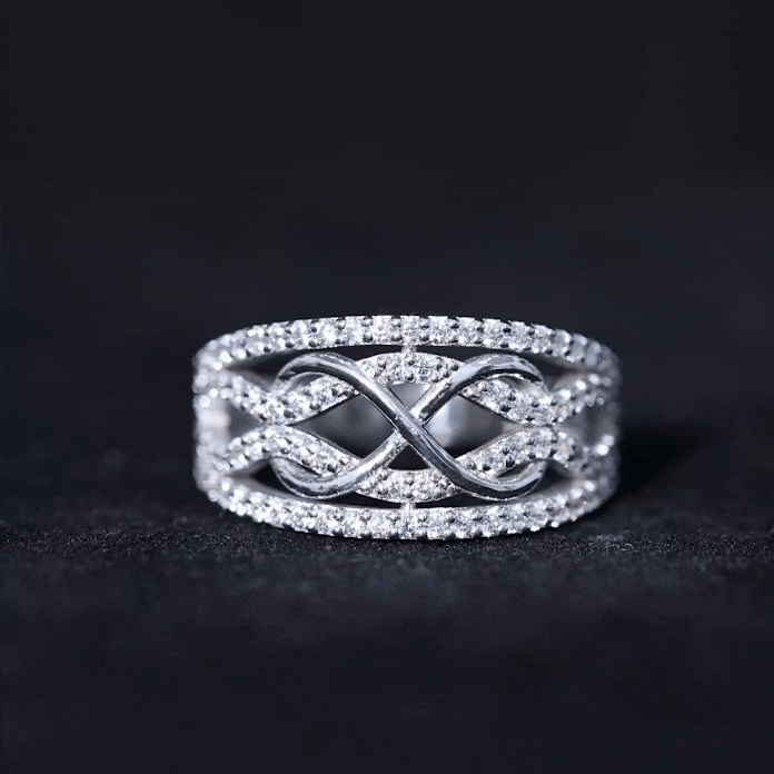 Yellow gold certified lab-grown diamond infinity wedding band ring by Rosec Jewels with sparkling diamonds and intricate design.