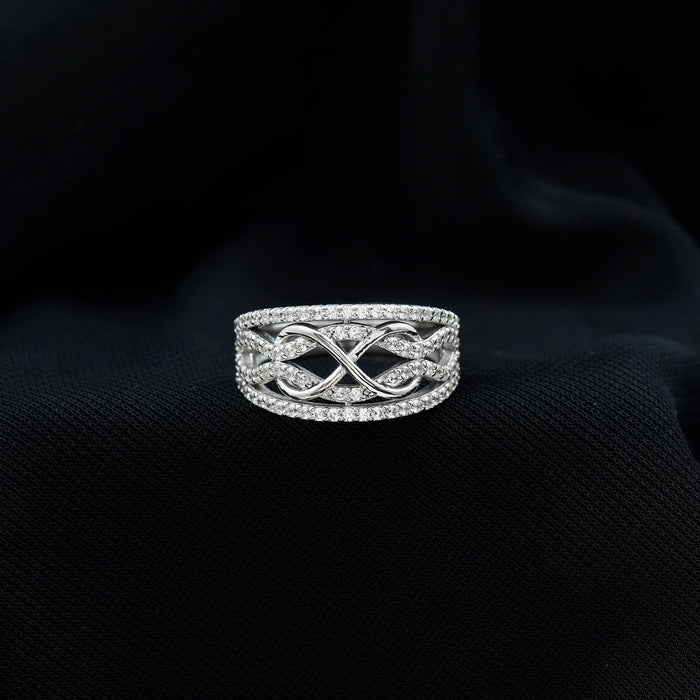 Certified lab-grown diamond infinity wedding band ring with sparkling diamonds and polished platinum finish.