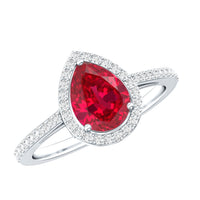 Pear Shape Lab Grown Ruby Teardrop Engagement Ring with Diamond Halo