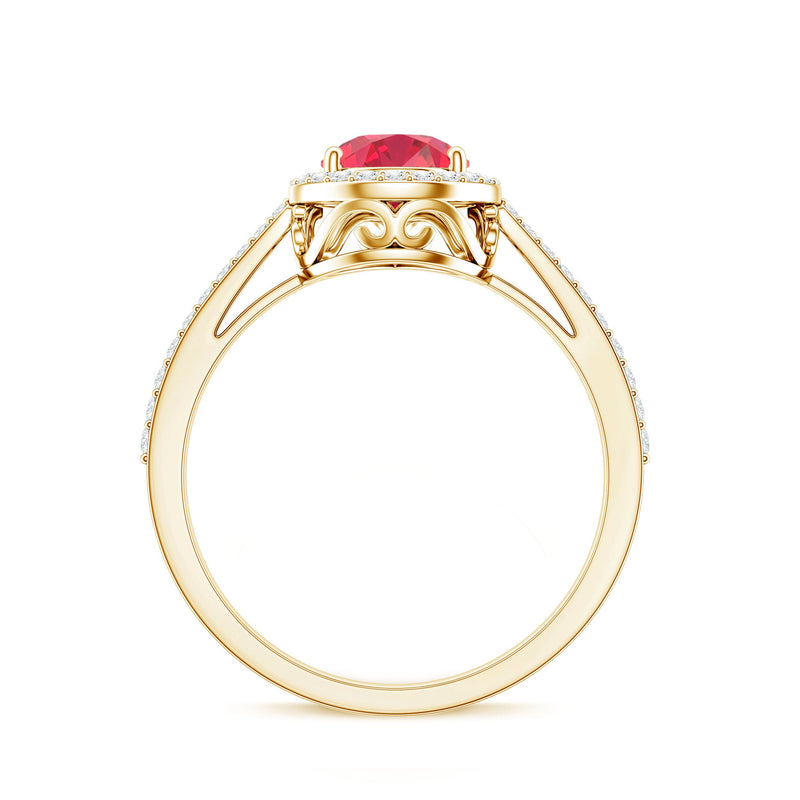 Pear-shaped lab-grown ruby teardrop engagement ring with diamond halo from Rosec Jewels, showcasing the elegant gemstone and intricate design.