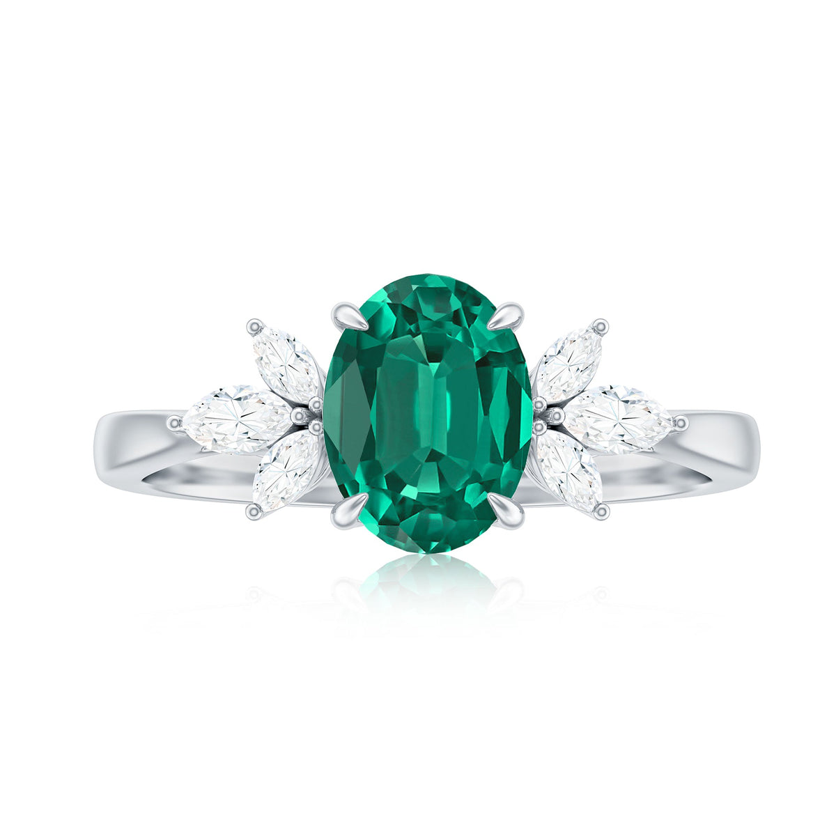 1.2 Carat Lab Created Emerald Oval Engagement Ring with Diamond Trio