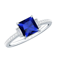 Certified 1.5 Carat Lab Blue Sapphire Princess Cut Engagement Ring with Diamond