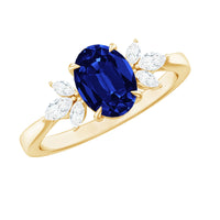 Certified 1.5 Carat Lab Grown Blue Sapphire Oval Engagement Ring with Diamond Trio