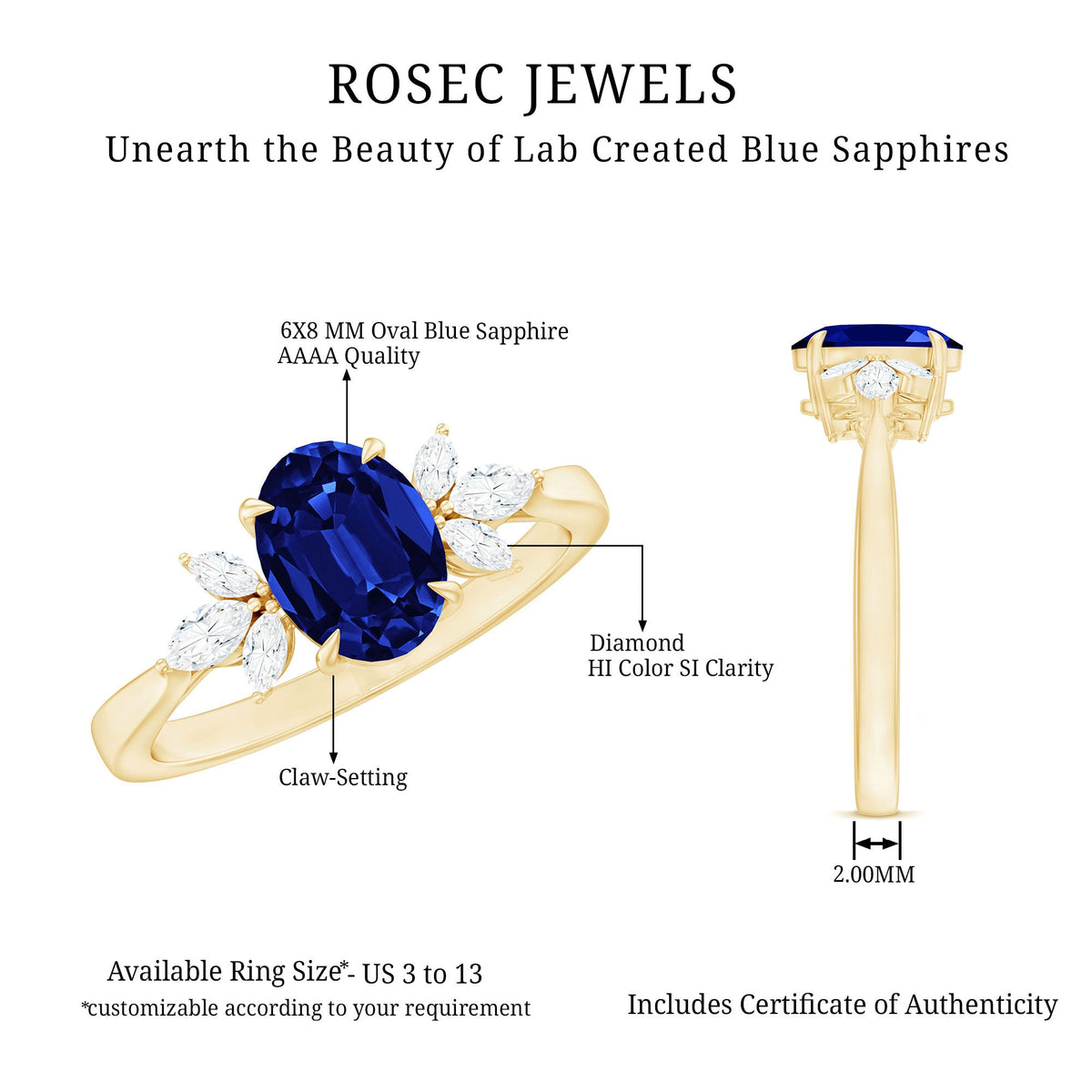 Certified 1.5 Carat Lab Grown Blue Sapphire Oval Engagement Ring with Diamond Trio