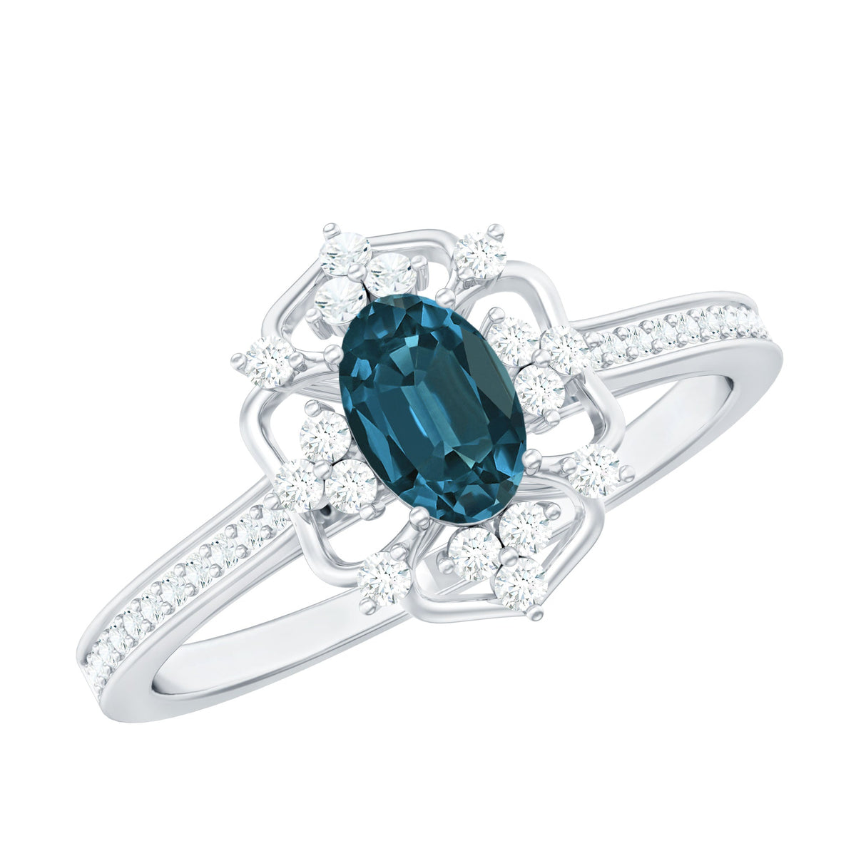 Oval cut London Blue Topaz vintage engagement ring with diamond accents, set in a Rosec Jewels ring design.