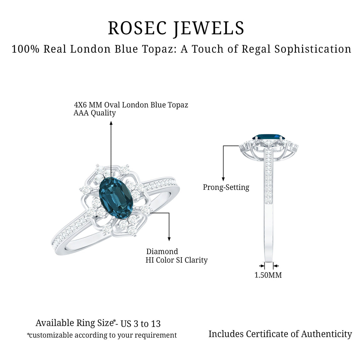 Oval cut London Blue Topaz vintage engagement ring with diamond accents, featuring a rose gold band from Rosec Jewels.