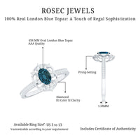 Oval cut London Blue Topaz vintage engagement ring with diamond accents, featuring a rose gold band from Rosec Jewels.