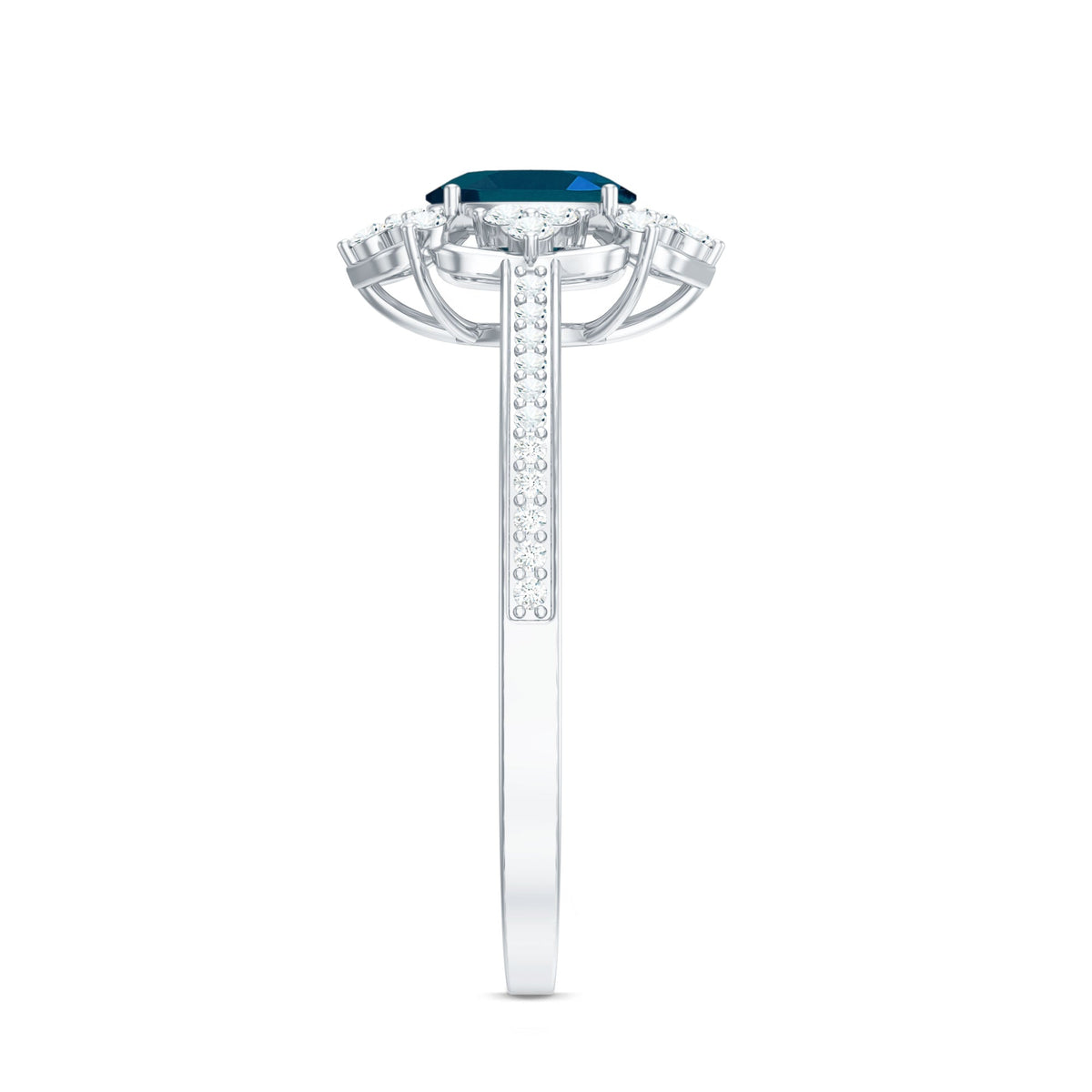 Oval cut London Blue Topaz vintage engagement ring with diamond accents from Rosec Jewels, showcasing intricate design and sparkling gemstones.