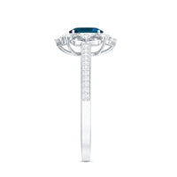 Oval cut London Blue Topaz vintage engagement ring with diamond accents from Rosec Jewels, showcasing intricate design and sparkling gemstones.