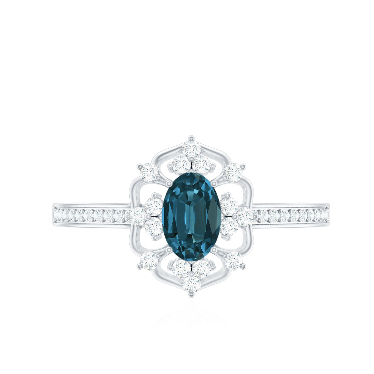 Rosec Jewels 0.4 Carat oval London Blue Topaz vintage engagement ring with diamond detailing, showcasing intricate design and vibrant color.