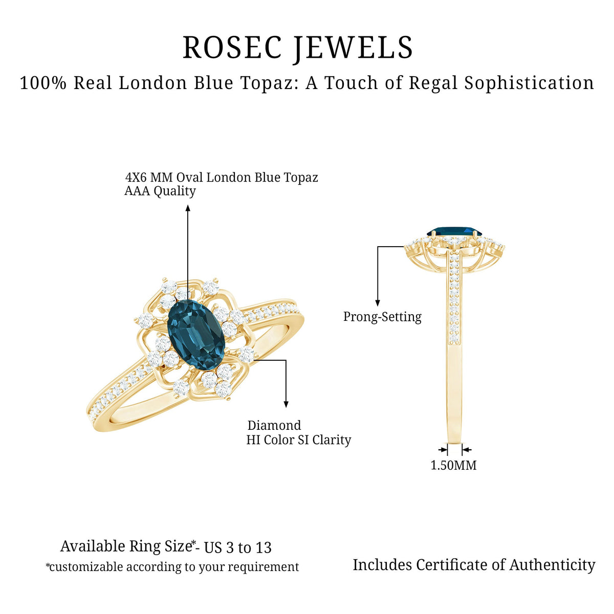 Oval cut London Blue Topaz vintage engagement ring with diamond accent, featuring Rosec Jewels craftsmanship.