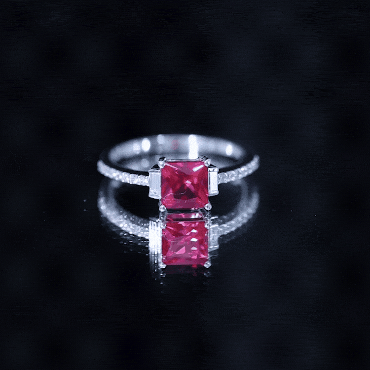 Yellow gold 1.5 carat princess cut lab-created ruby engagement ring with diamond accents by Rosec Jewels.