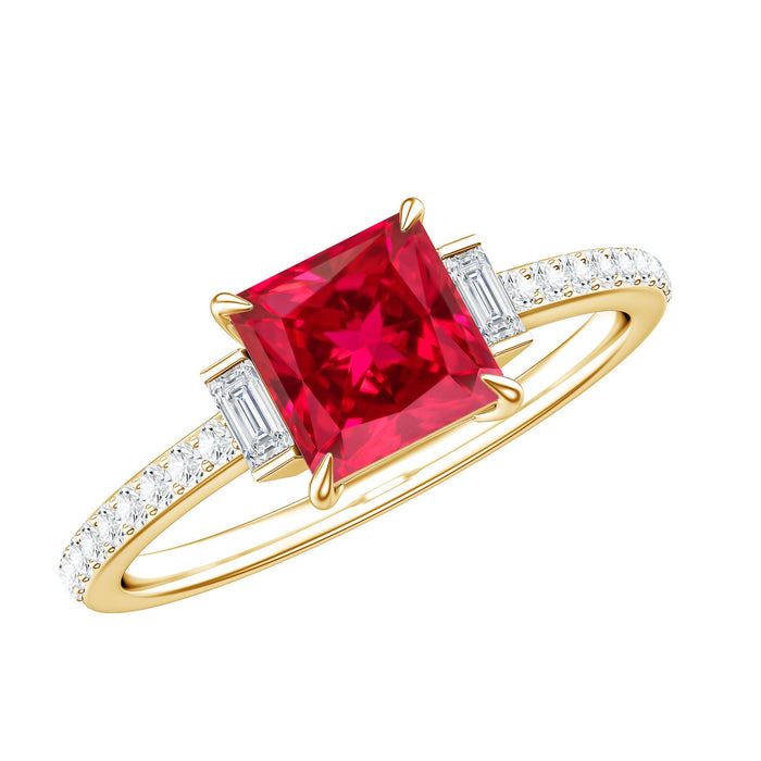 Rosec Jewels 1.5 Carat princess cut lab-created ruby engagement ring with surrounding diamonds, showcasing elegant jewelry design.