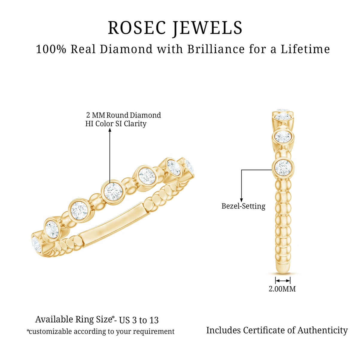 Stackable eternity ring by Rosec Jewels featuring real diamonds and beaded details, showcasing a sleek and elegant design.