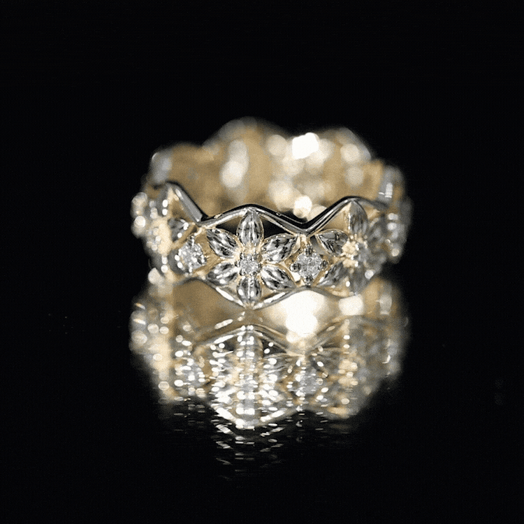 Yellow natural diamond flower wedding band ring by Rosec Jewels with certificate, featuring intricate floral design and sparkling diamonds.