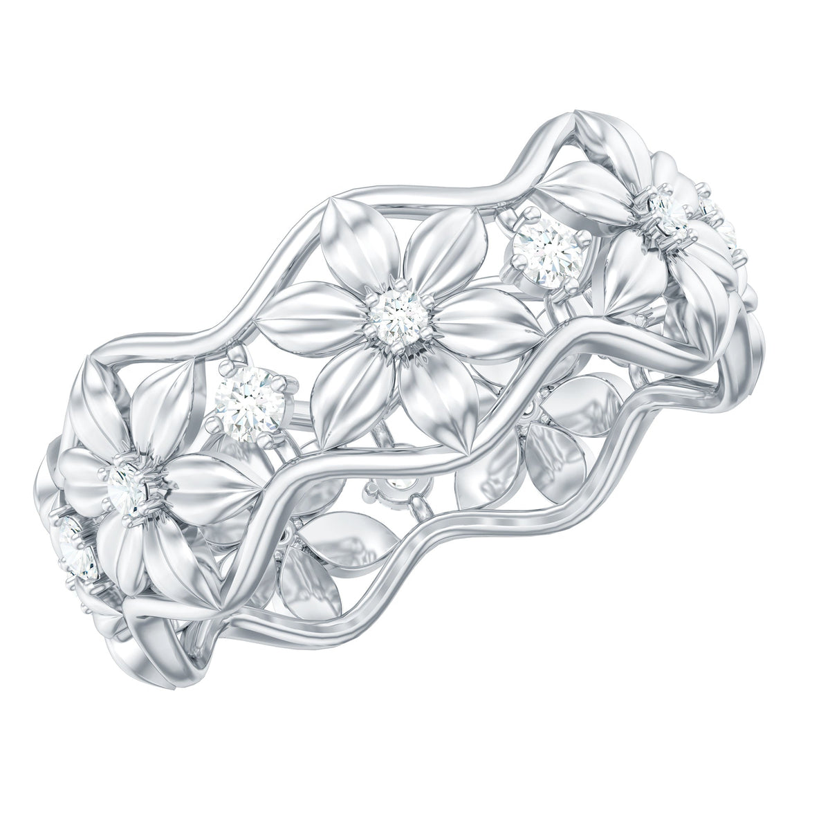 Natural diamond flower wedding band ring by Rosec Jewels featuring a detailed flower design and a certificate of authenticity.
