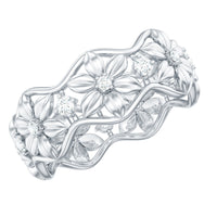Natural diamond flower wedding band ring by Rosec Jewels featuring a detailed flower design and a certificate of authenticity.