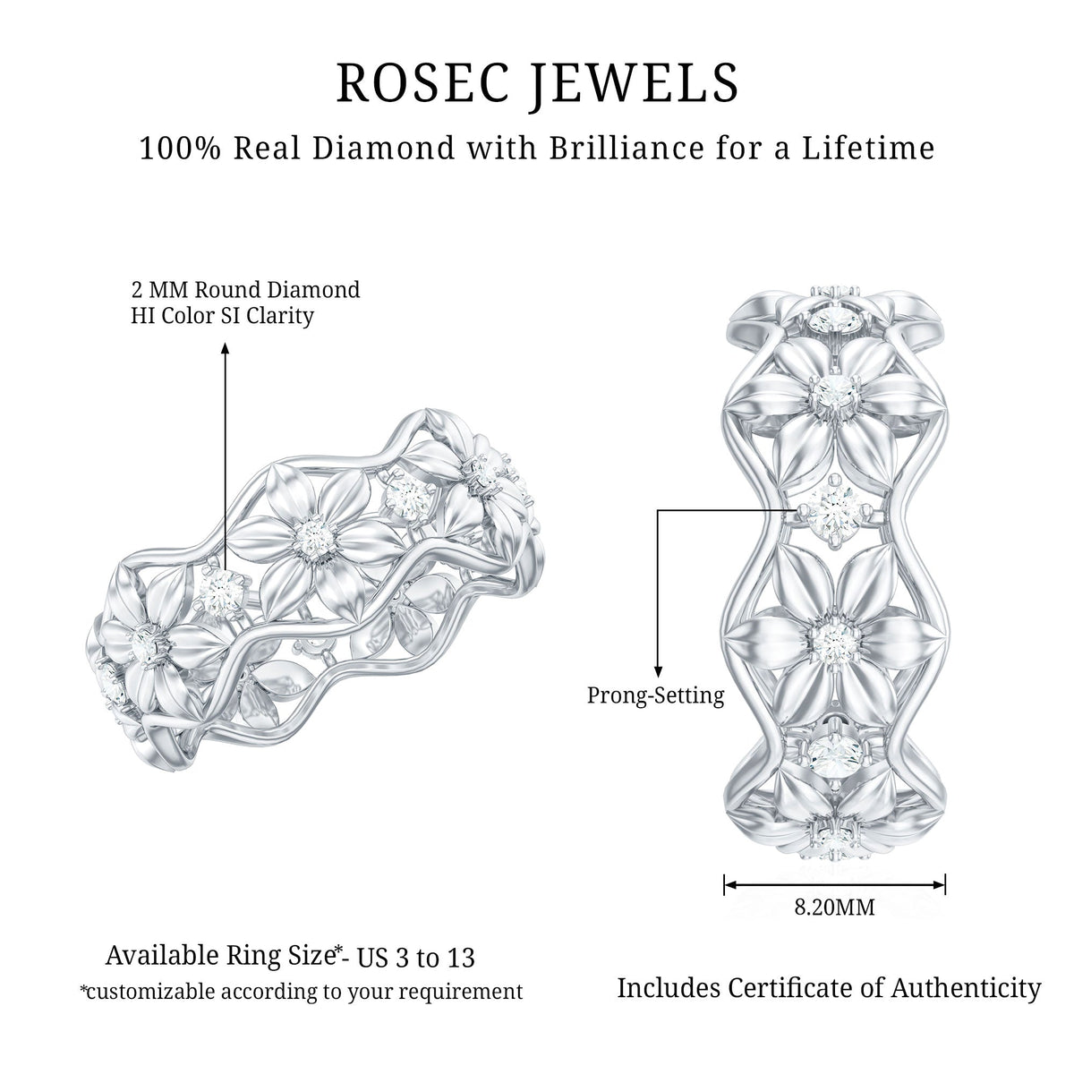 Natural diamond flower wedding band ring by Rosec Jewels featuring a detailed floral design and a certification label.