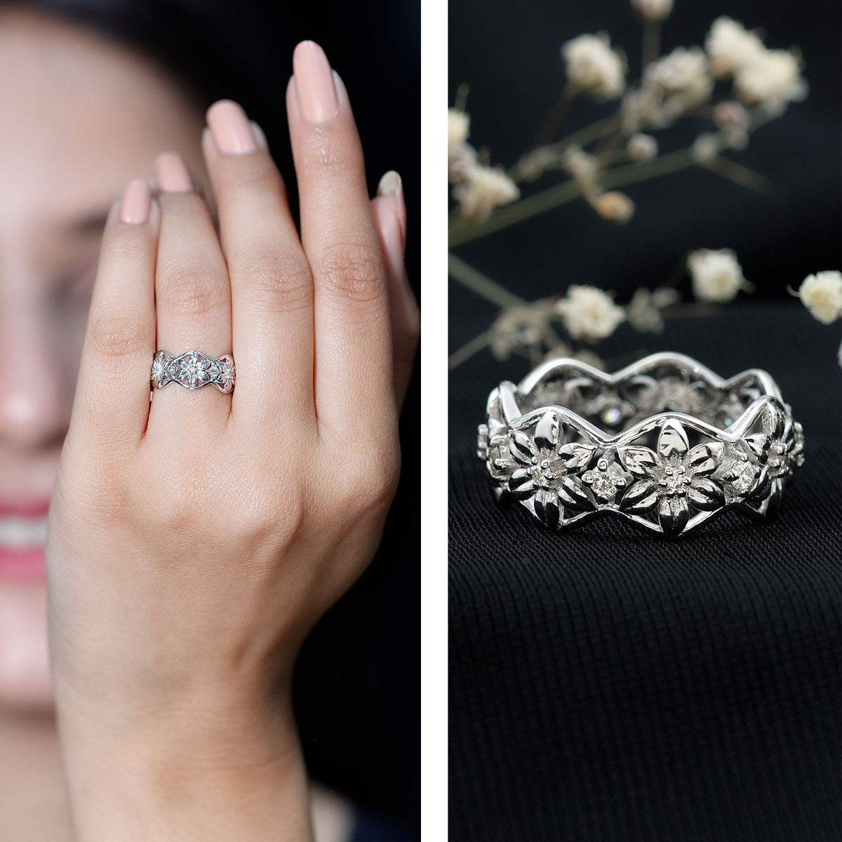 Natural diamond flower wedding band ring by Rosec Jewels with certificate, featuring a delicate floral design in gold.