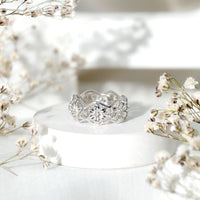 Rosec Jewels natural diamond flower wedding band ring with certificate, featuring detailed floral design and sparkling diamonds.