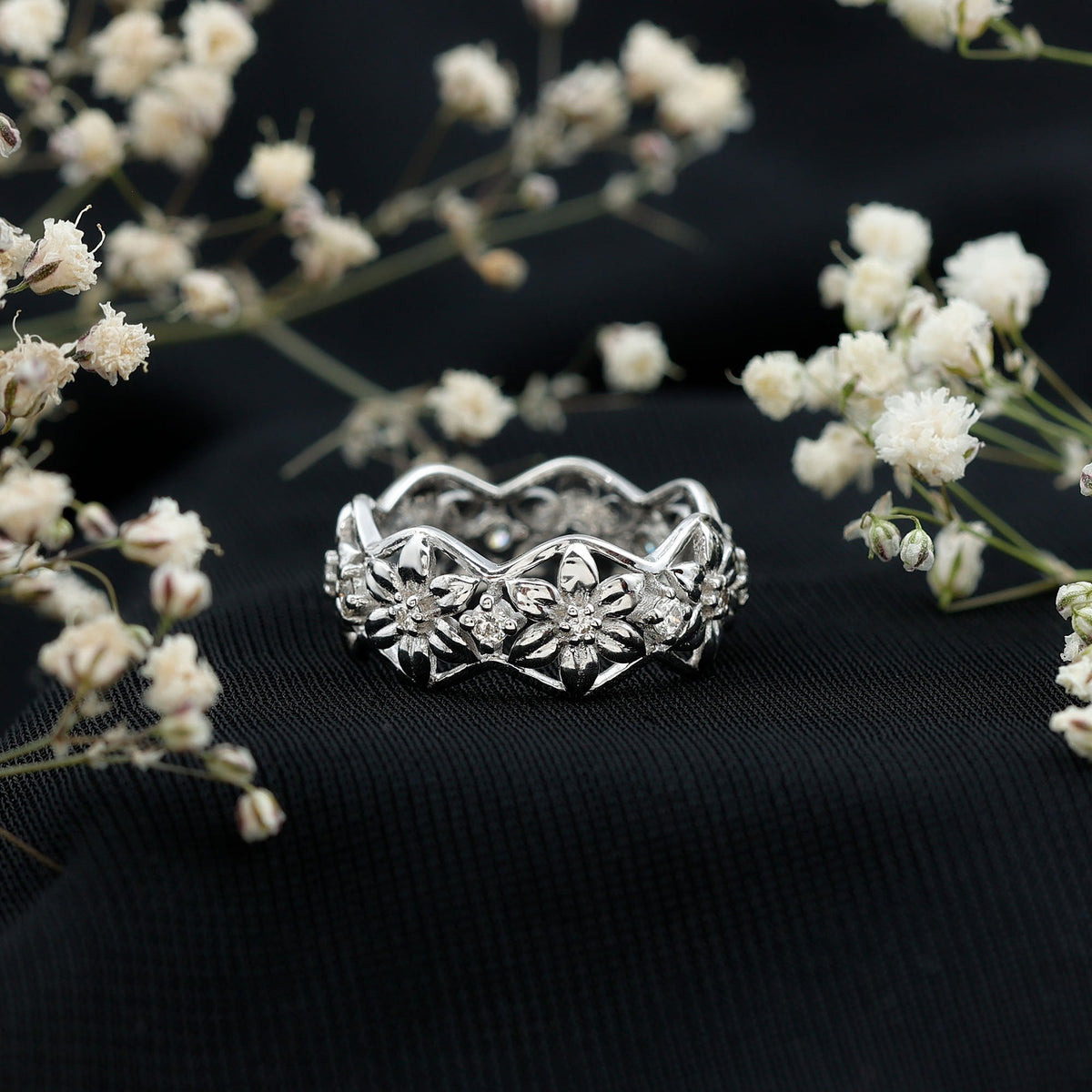 Natural diamond flower wedding band ring by Rosec Jewels featuring a floral design and certificate, crafted in high-quality jewelry.