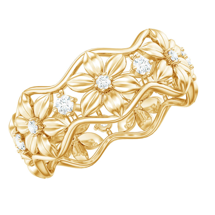Natural diamond flower wedding band ring by Rosec Jewels featuring a sparkling floral design and certificate of authenticity.