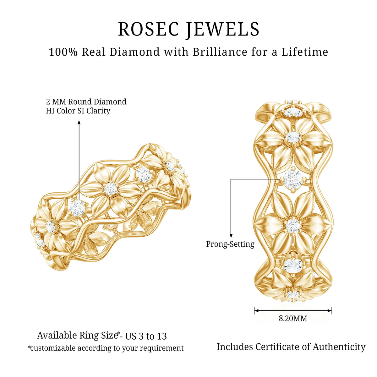 Natural diamond flower wedding band ring by Rosec Jewels featuring a detailed floral design and a certification label.