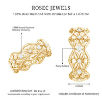 Natural diamond flower wedding band ring by Rosec Jewels featuring a detailed floral design and a certification label.