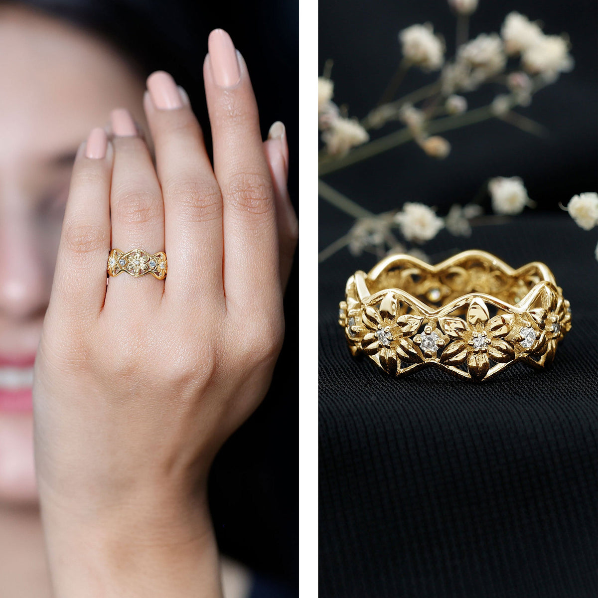 Natural diamond flower wedding band ring by Rosec Jewels featuring a detailed floral design and a certificate of authenticity.