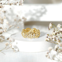 Natural diamond flower wedding band ring by Rosec Jewels featuring a detailed floral design and a certification label.